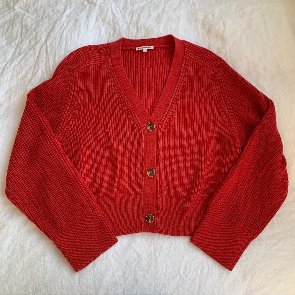 Reformation Jessa Cotton V Neck Button Knit Cardigan Sweater Red Sundried Tomato